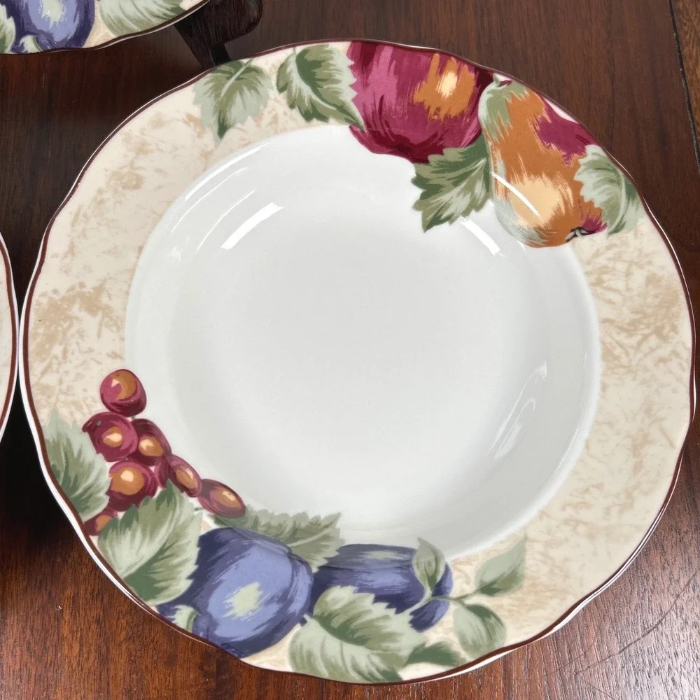 Noble Excellence Napa Valley Fruit Rimmed Soup Bowls Grapes Plums Pears THREE